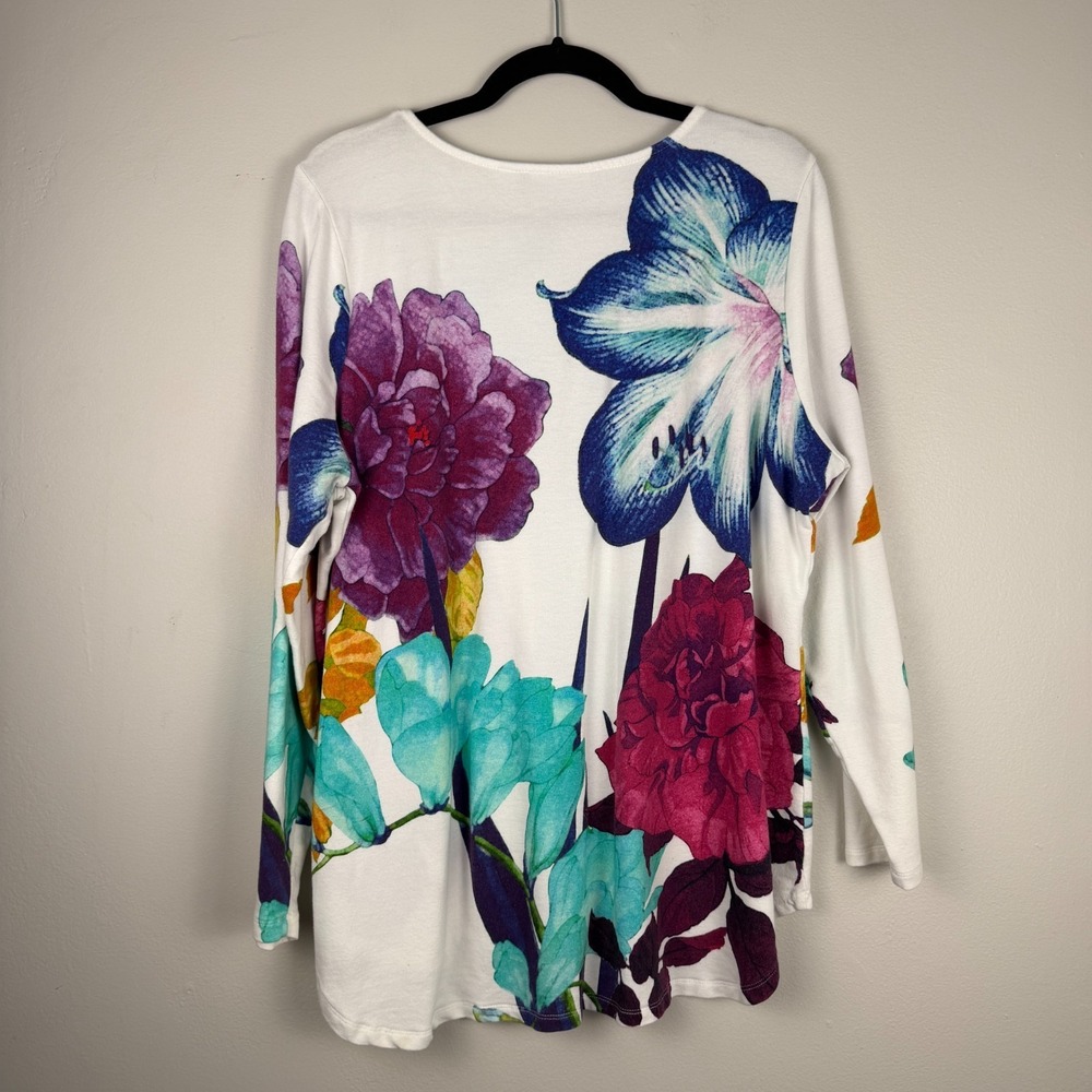 Denim & Co. Blouse Women's Large White Multi Floral Print Round Neck Pullover - Picture 7 of 11
